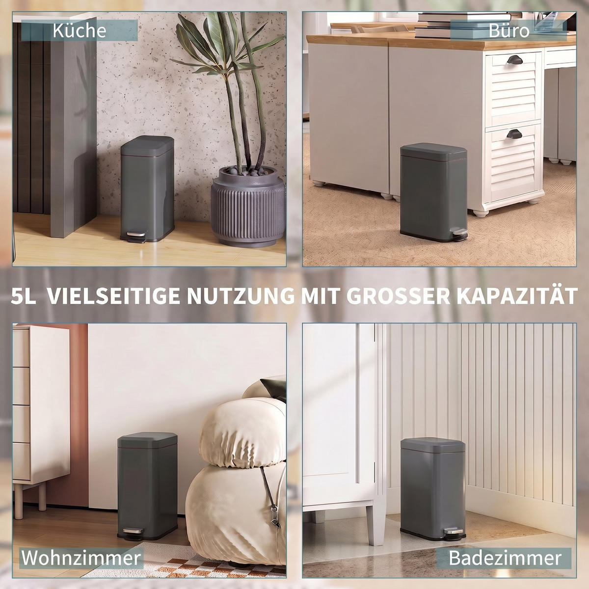 MÜLLEIMER 5L TRETEIMER METALL GRAU MIT INNENEIMER 29,2/14/32 CM - Grau, Metall (14/32/29.2cm) - Rolipo