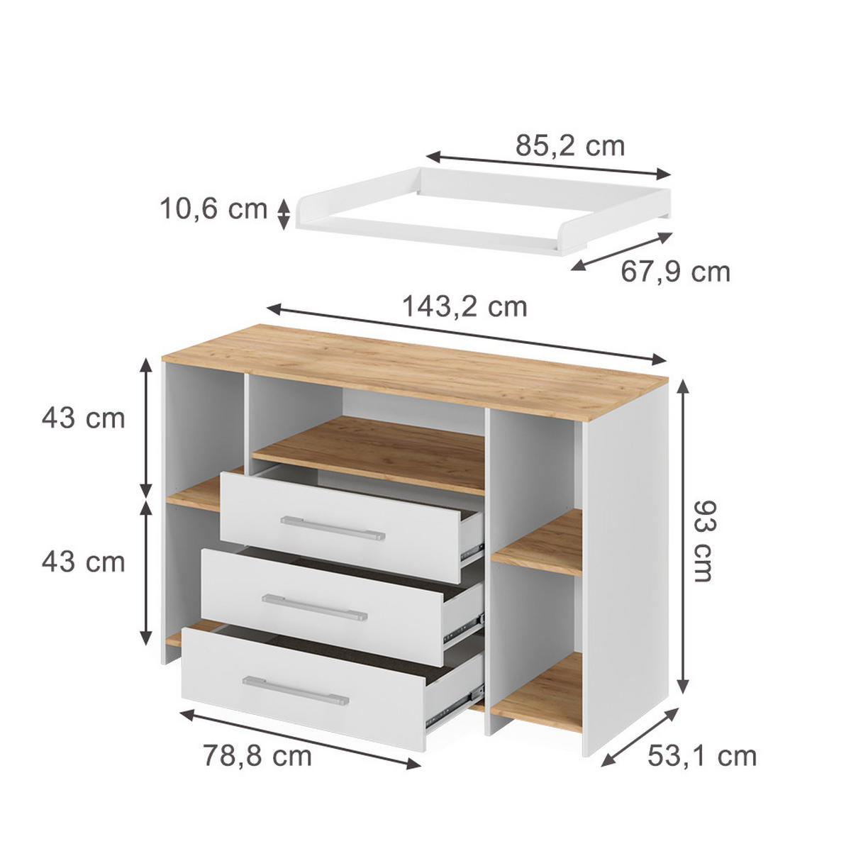WICKELKOMMODE Oskar Weiß/Goldkraft Eiche 143.2 x 93 cm mit 3 Schubladen - Eichefarben/Weiß, Holzwerkstoff (143.2/93/53.1cm) - Vicco