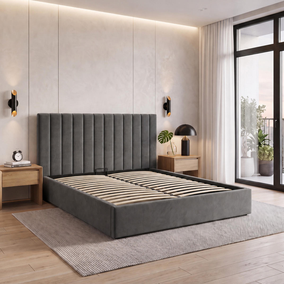 POLSTERBETT Melvio Doppelbett 180x200 cm mit Bettkasten und hohem Steppkopfteil, ohne Matratze, Dunkelgrau - Dunkelgrau, Textil (180/200cm) - Beautysofa
