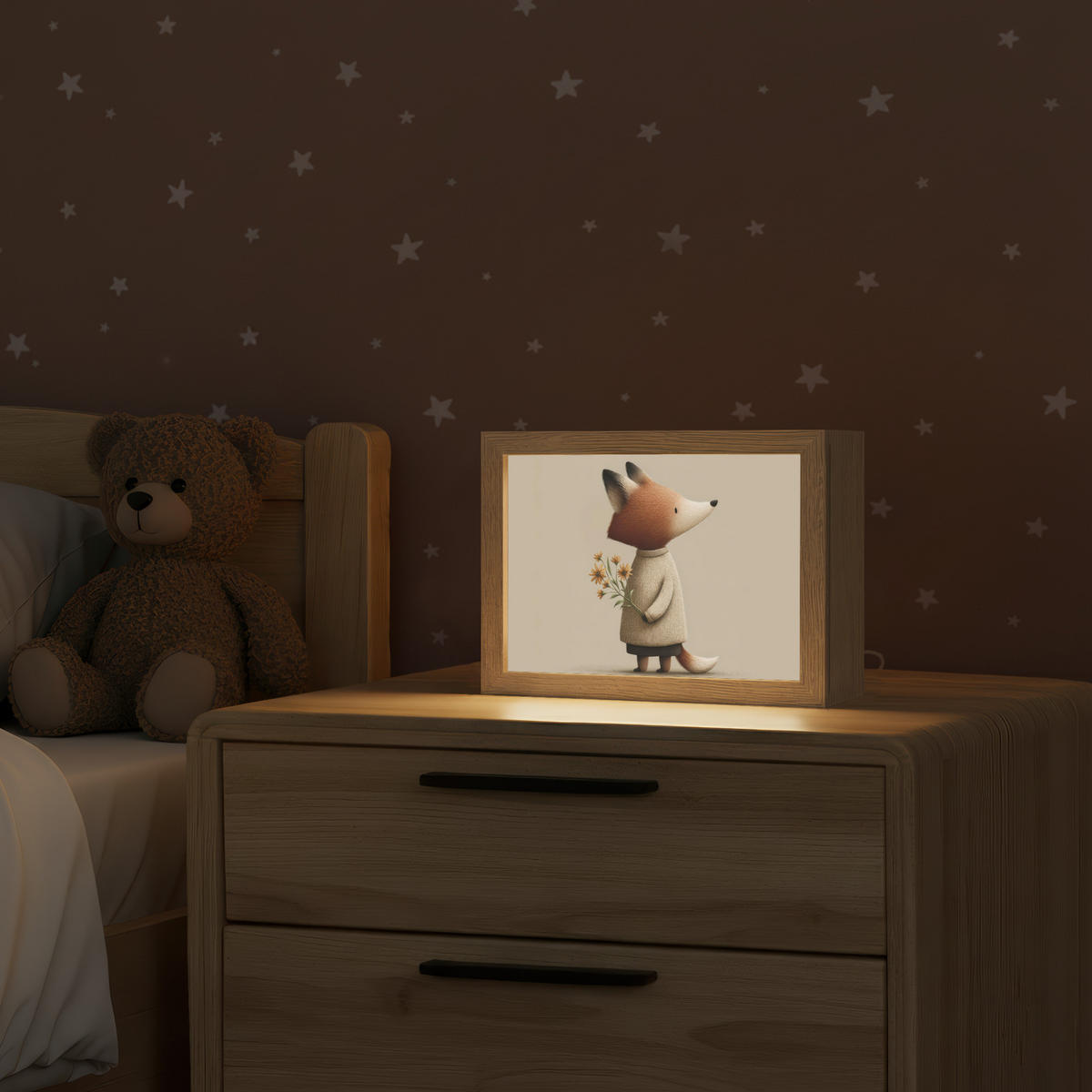 NACHTTISCHLAMPE Fuchs - Gelbe Blumen - Minimalistisch 20x15 cm - Taupe, Holzwerkstoff (8/20/15cm)