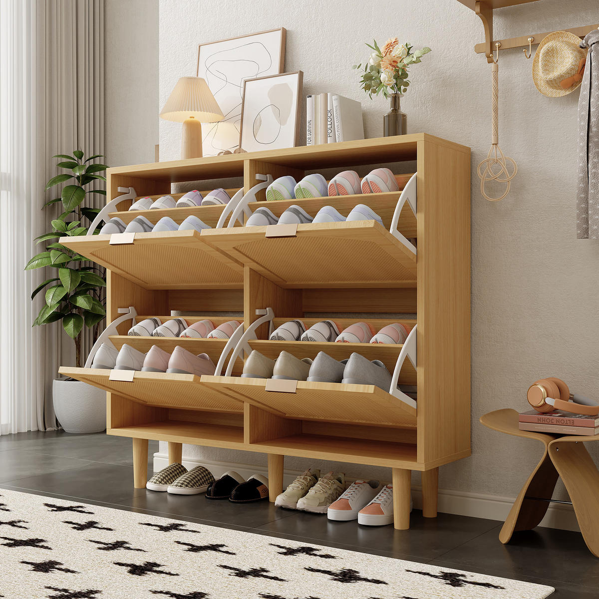 SCHUHSCHRANK Rattan 4 Klappen Landhaus 100x25x90cm - Eichefarben, Holzwerkstoff (25/90/100cm) - FLIEKS