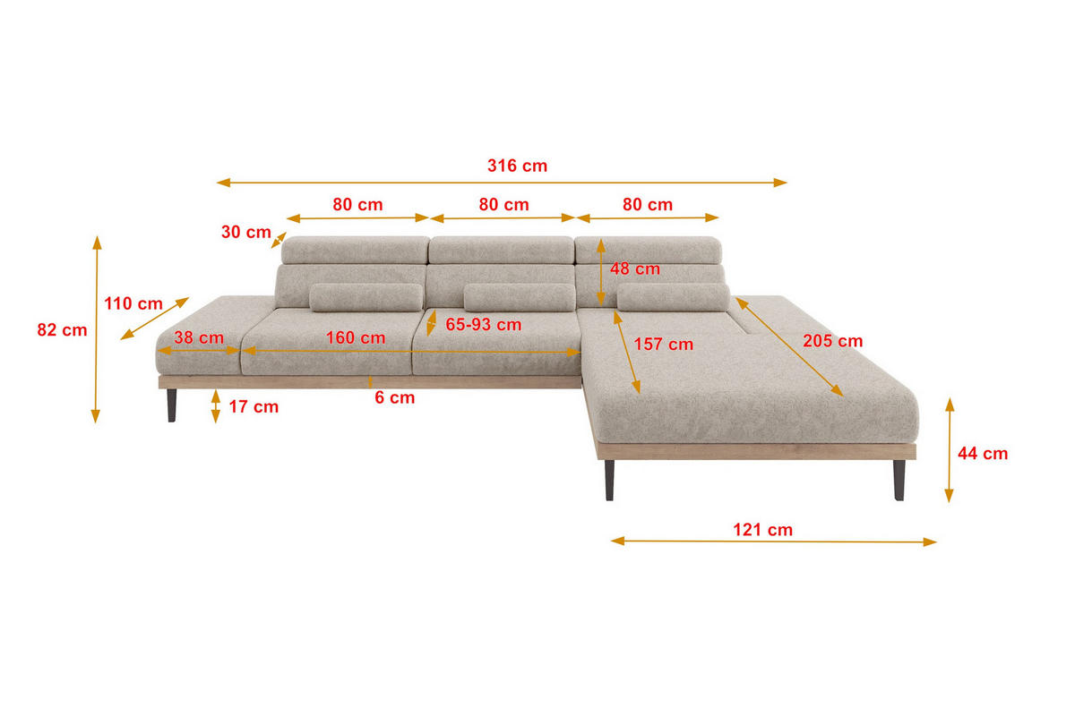 ELEKTRISCHES ECKSOFA Rechts MONA 316x205x85 Beige Velours - Beige, Holzwerkstoff/Textil (316/205cm) - ALTDECOR