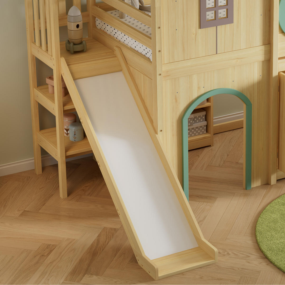 HOCHBETT 90/200 cm in Natur & Grün mit Rutsche, dreistufiger Treppe, Ablagefächern, Schubladenschrank und Kleiderschrank - Naturfarben, Holzwerkstoff (90/200cm) - STILVORA