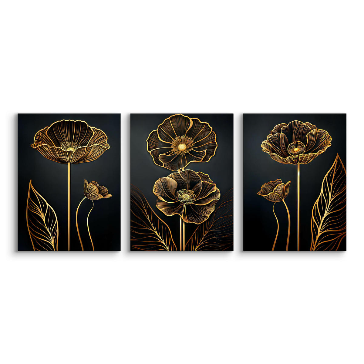 LEINWANDBILDER 3-es Set Abstrakte Blumen - Beige/Schwarz, Textil (90/40cm) - Muralo