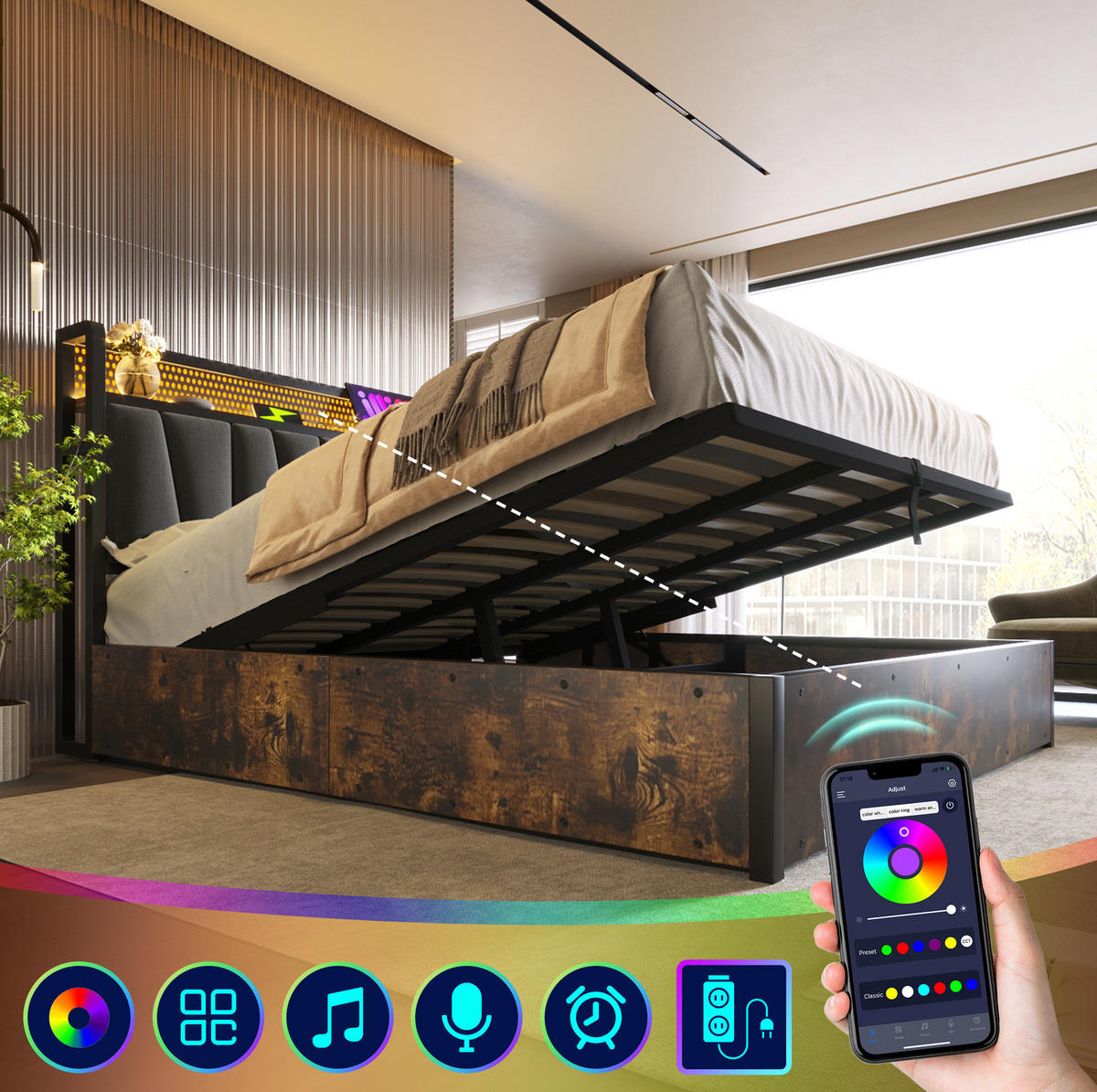 BETT mit LED-Kopfteil und Stauraum 180x200 cm Grau mit USB & Steckdosen - Grau, Metall (180/200cm) - Meubliv
