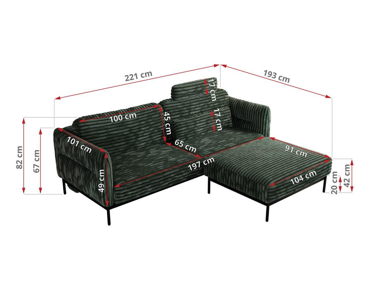 SCHLAFSOFA SALENTO Grün Cord - Schwarz/Grün, Textil/Metall (221/82/193cm) - MKS