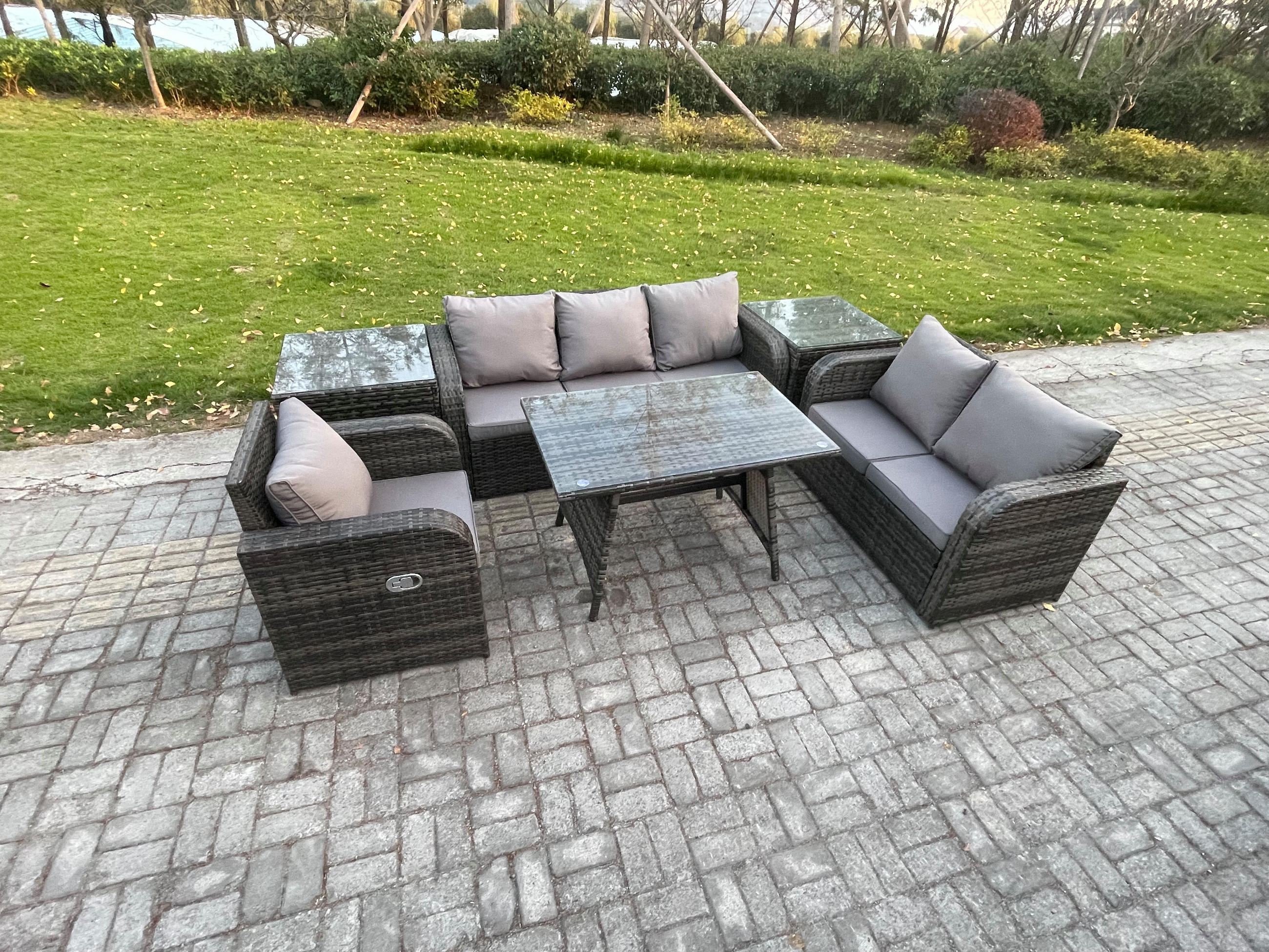 GARTENMÖBEL SET Polyrattan Dunkelgrau 6-Sitzer - Dunkelgrau/Grau, Glas/Kunststoff - Fimous
