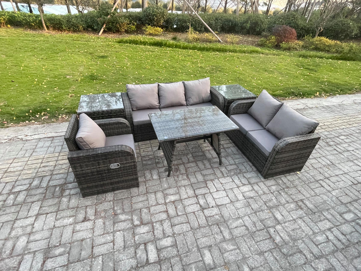 GARTENMÖBEL SET Polyrattan Dunkelgrau 6-Sitzer - Dunkelgrau/Grau, Glas/Kunststoff - Fimous