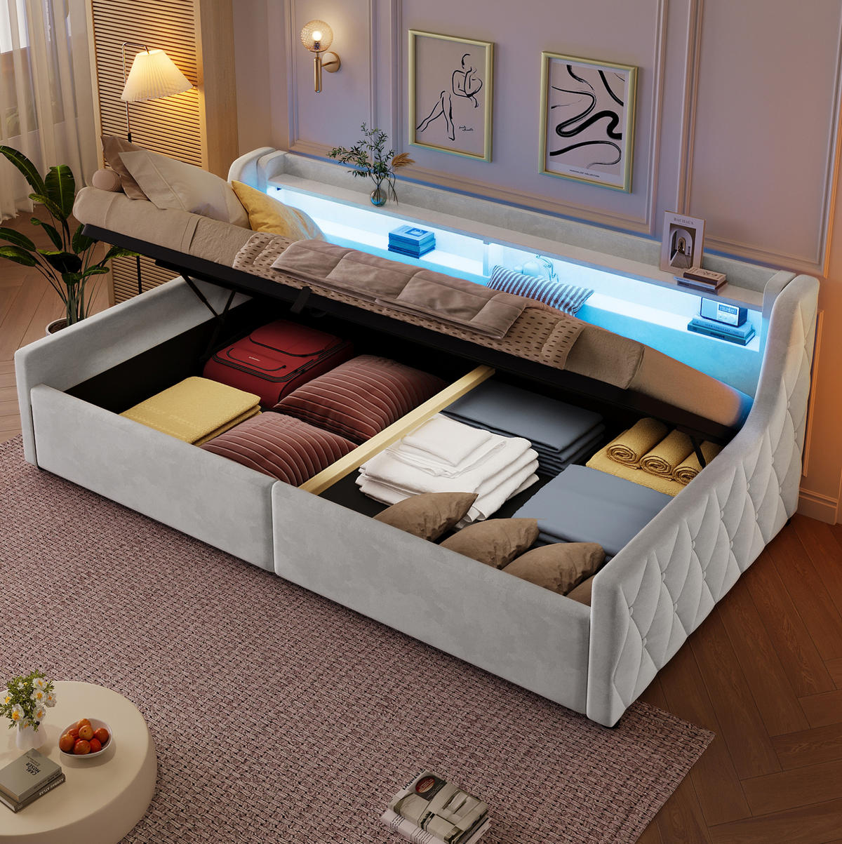 POLSTERBETT 90/200 cm Off White mit LED und Bettkasten ohne Matratze - Beige, Textil (90/200cm) - MIVRAY