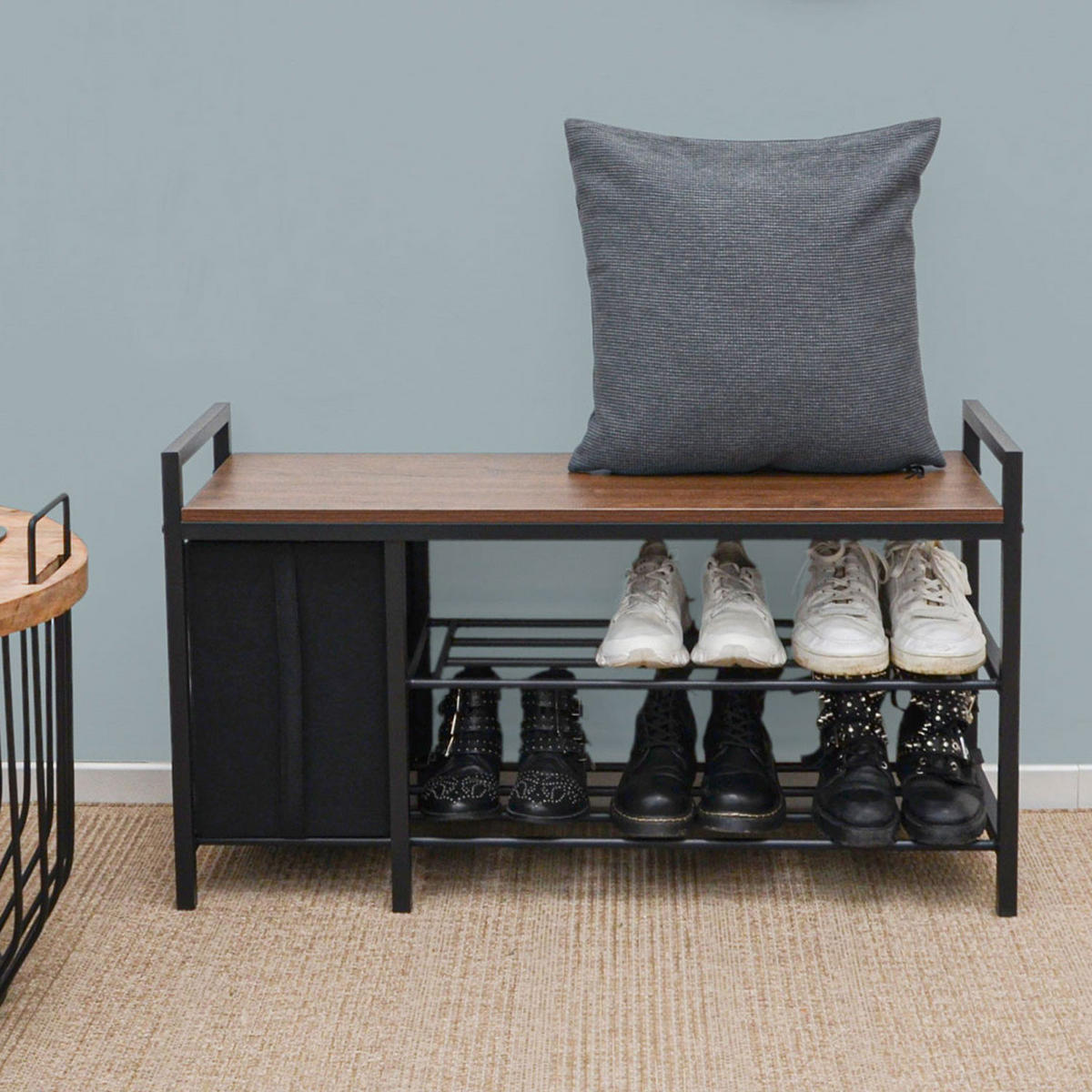 SCHUHBANK mit Sitzfläche & Korb, 92/30/52 cm, Braun - Braun, Holz (30/52/92cm) - Dunedesign