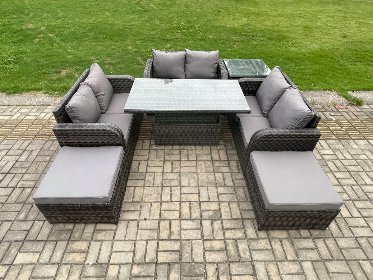 GARTENSOFA SET Polyrattan Dunkelgrau 8-Sitzer - Dunkelgrau, Metall - Fimous