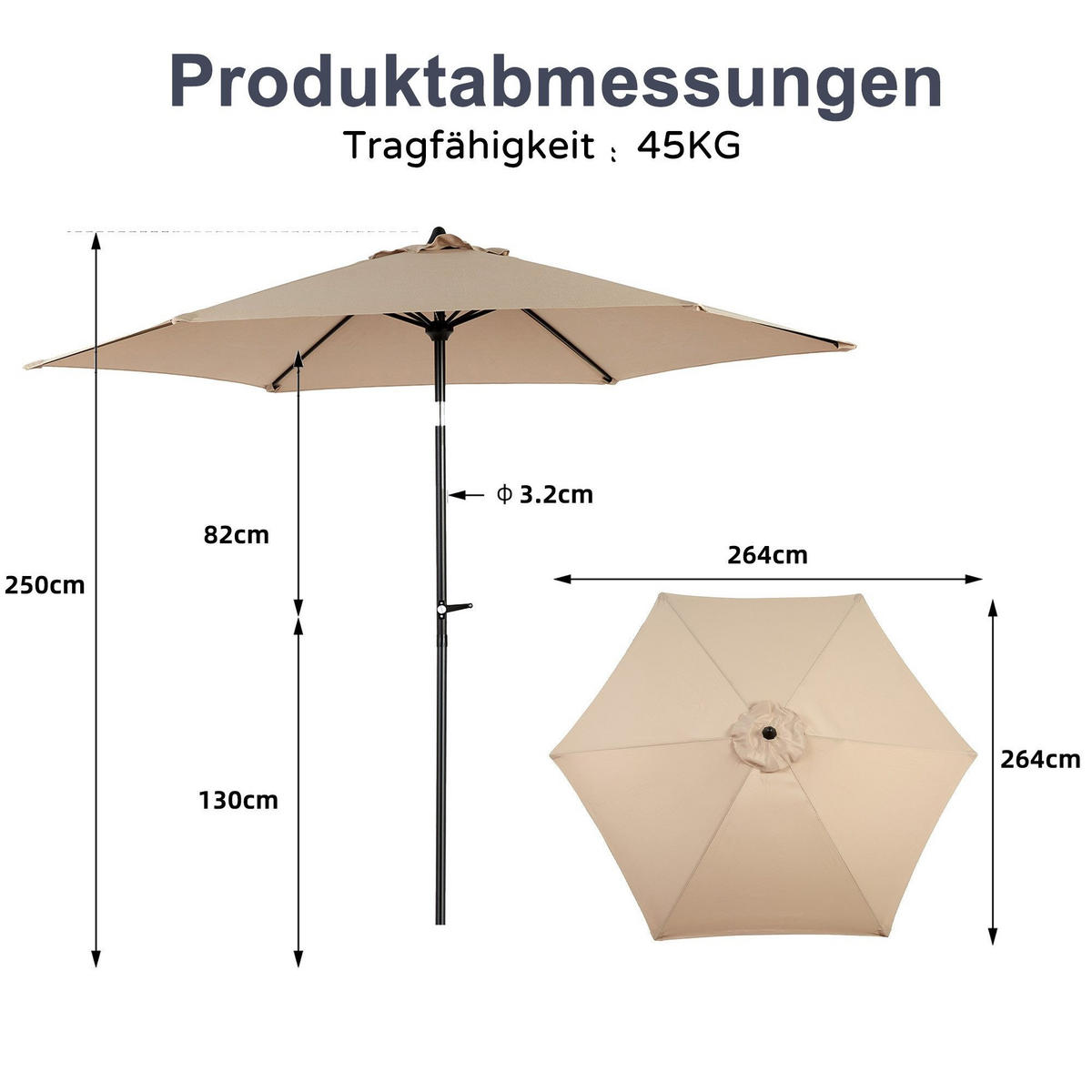 SONNENSCHIRM 264x264cm,Aluminium,Sonnenschutz,Khaki - Braun, Metall (264/264cm) - LVHOM