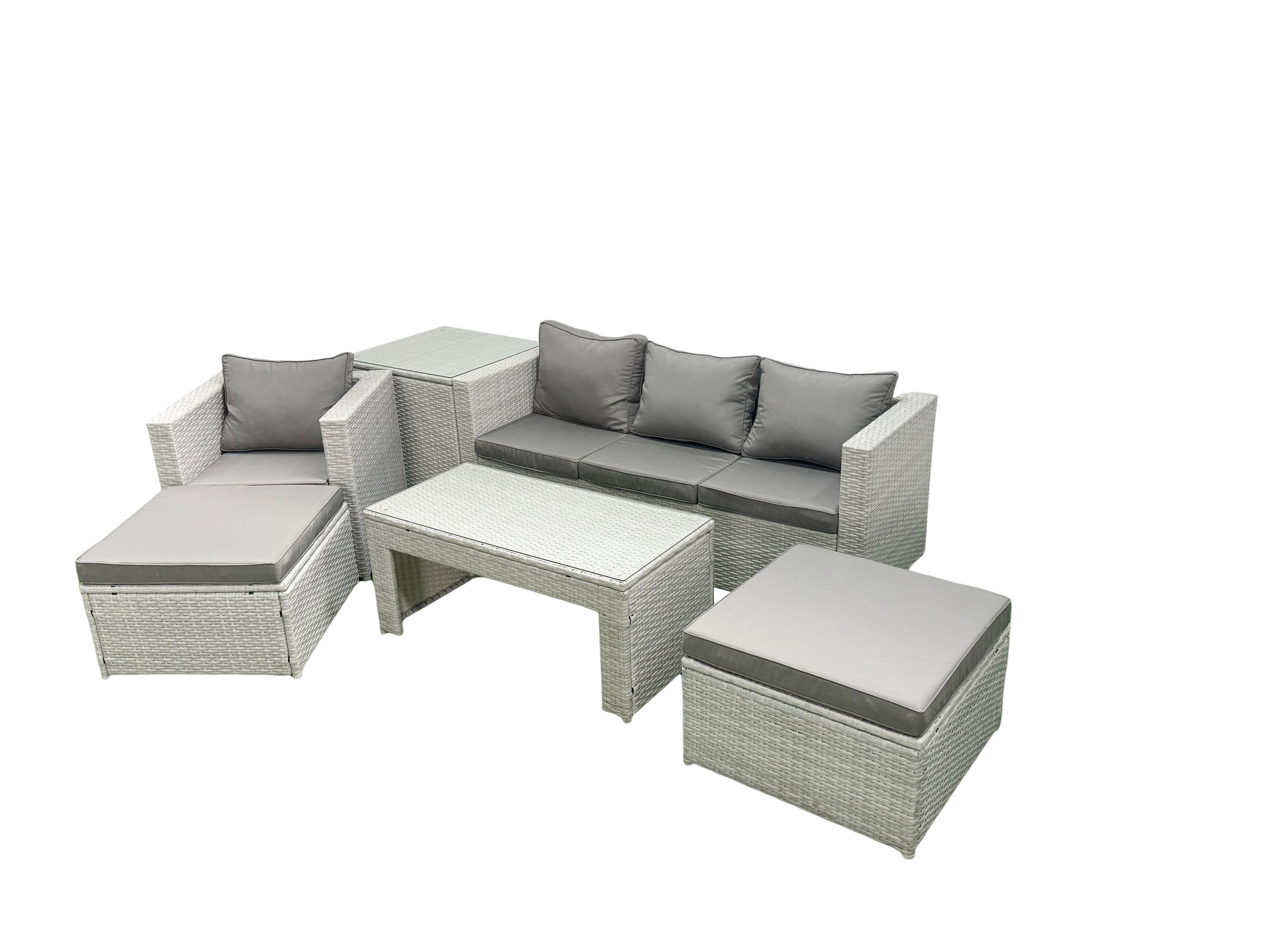 BALKONMÖBEL-SET Polyrattan Hellgrau-Mix 6-teilig - Hellgrau/Grau, Glas/Kunststoff - Fimous