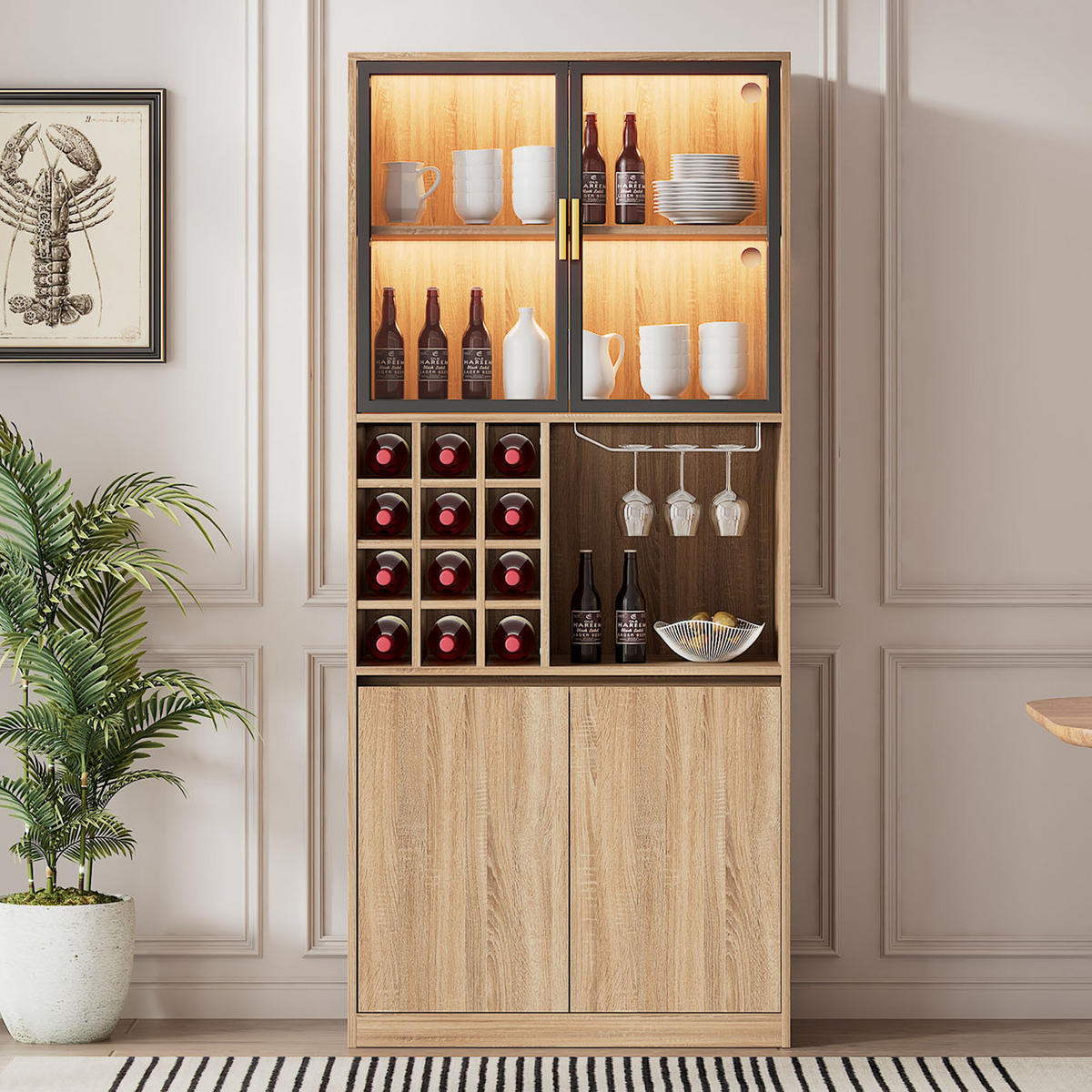 VITRINE mit Weinregal und LED - Hellbraun, Glas/Holzwerkstoff (40/180/80cm) - Urban Meuble