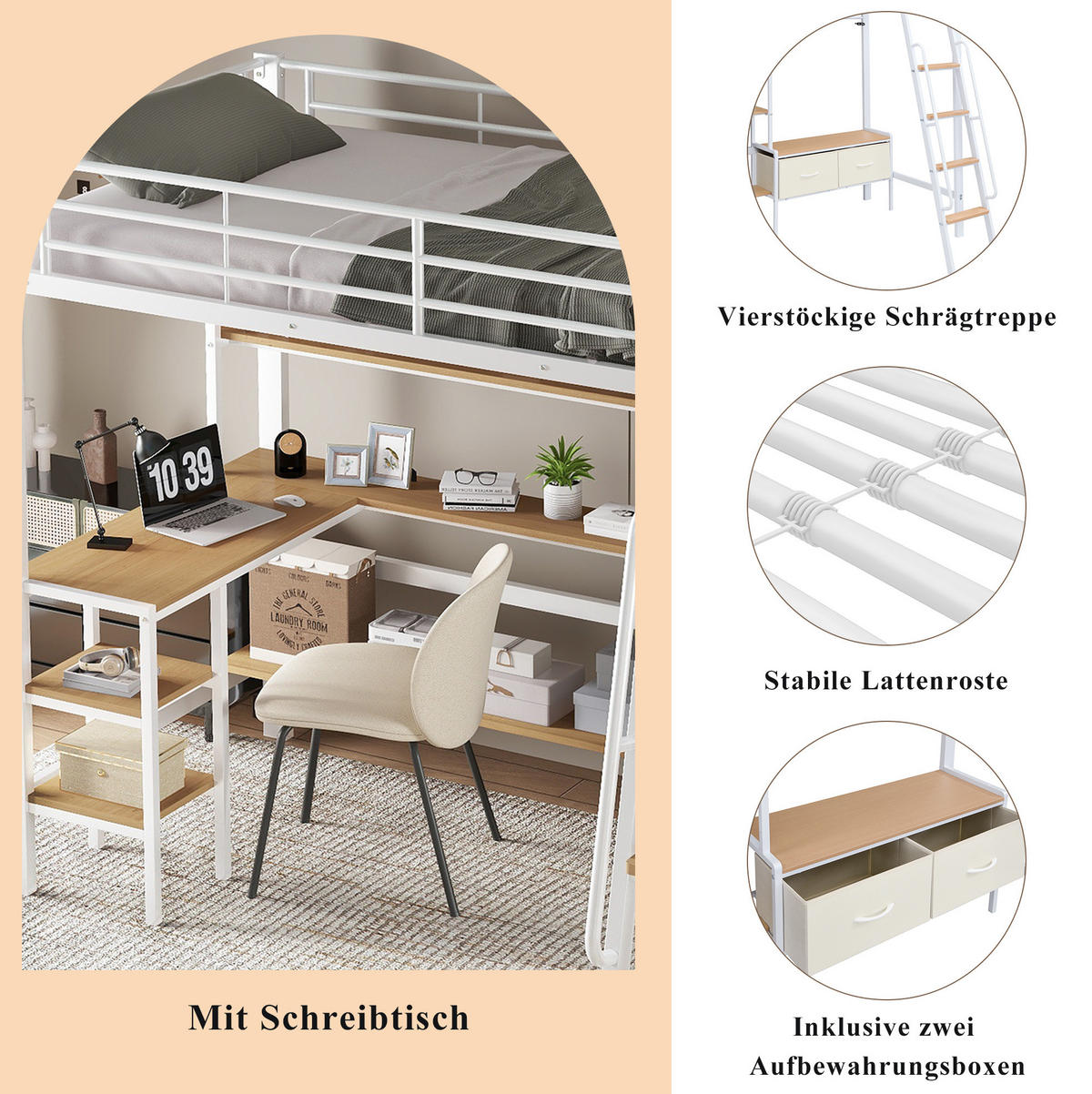 HOCHBETT 90/200 cm Weiß/Natur mit Schreibtisch und Stauraum - Weiß, Metall (90/200cm) - MIVRAY