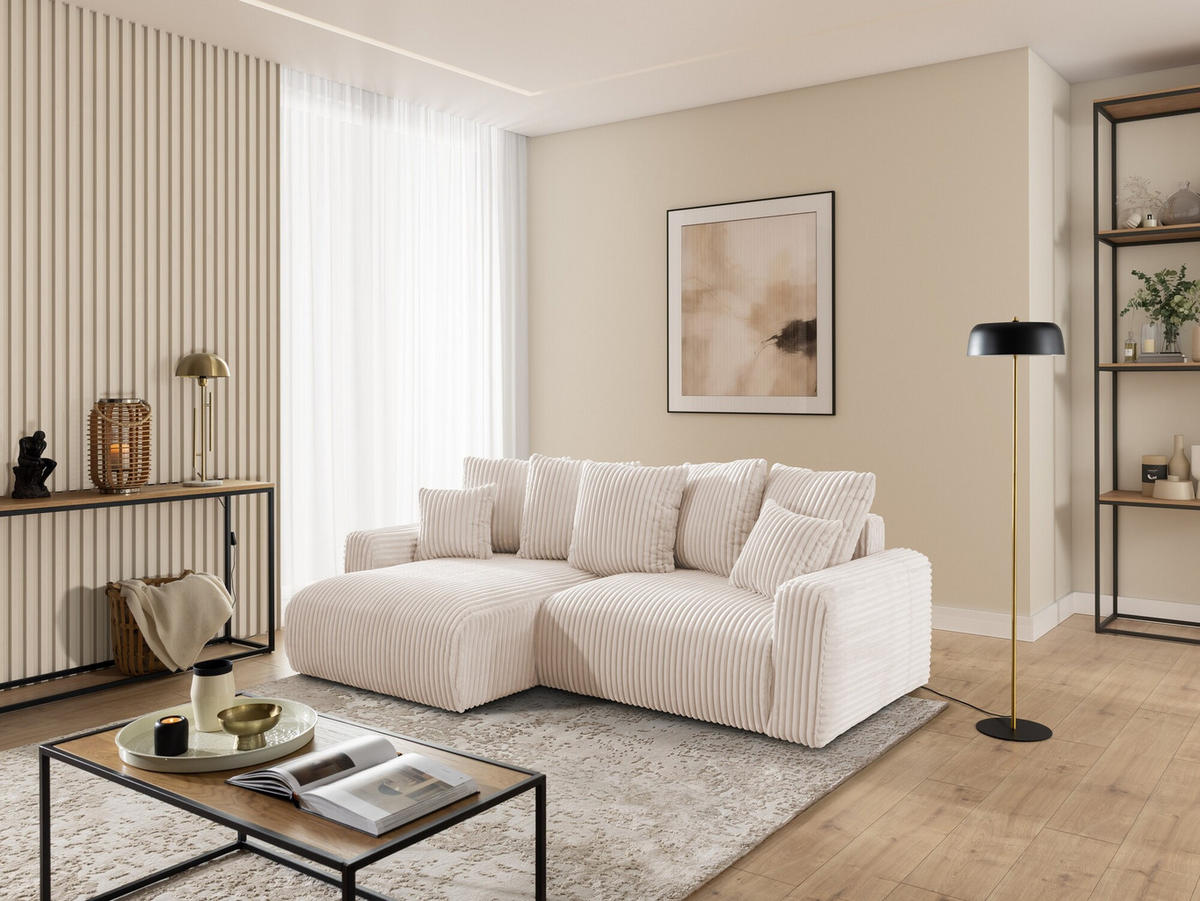 ECKSOFA Calma mit Schlaffunktion und Bettkasten im Bumpy-Design aus weichem Hellbeige Plüschcord - Ottomane links - Beige/Schwarz, Holz/Kunststoff (239/140cm) - S-Style