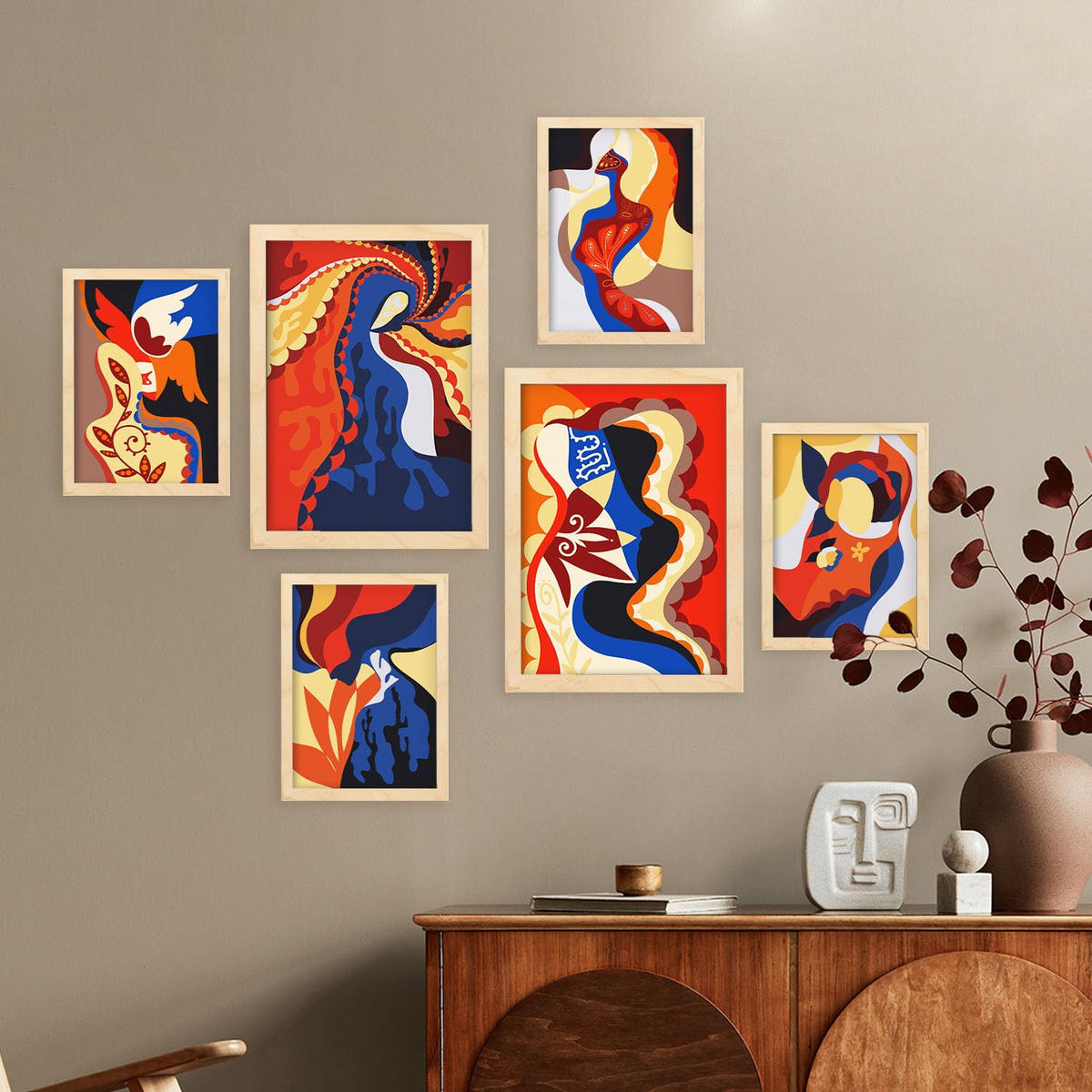POSTER Set Mit 6 Verlockender Charme In Weibliche Zusammenfassung Ästhetische Dekorative Gemälde Für Ihr Zuhause A3 & A4 Rahmen Aus Hellem Holz - Beige, Papier (29/3cm) - Nacnic