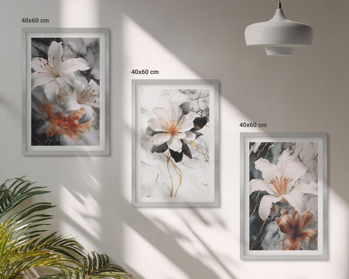 WANDBILDER 3er Set - 40x60 cm Silberner Rahmen - Blumen Marmor weiß schwarz - Silberfarben, Kunststoff (40/60cm) - ArtPrintCave