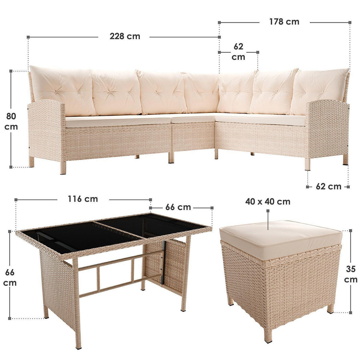 LOUNGEGARNITUR Manacor creme, sand - Beige, Kunststoff/Metall - Juskys