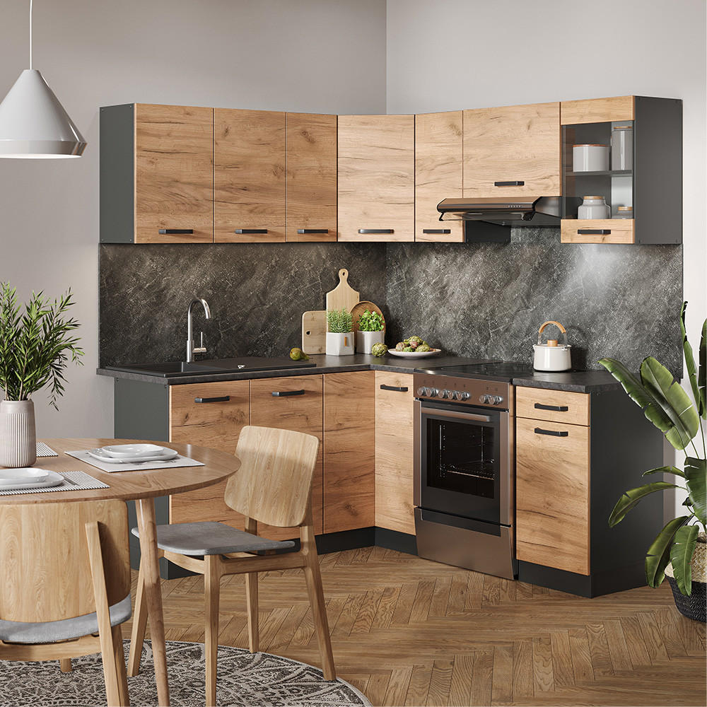 ECKKÜCHE Rick Anthrazit/Goldkraft Eiche 187 x 167 cm , AP Schwarz - Anthrazit/Eiche Wotan, Holzwerkstoff (190/81.6/46cm) - Vicco