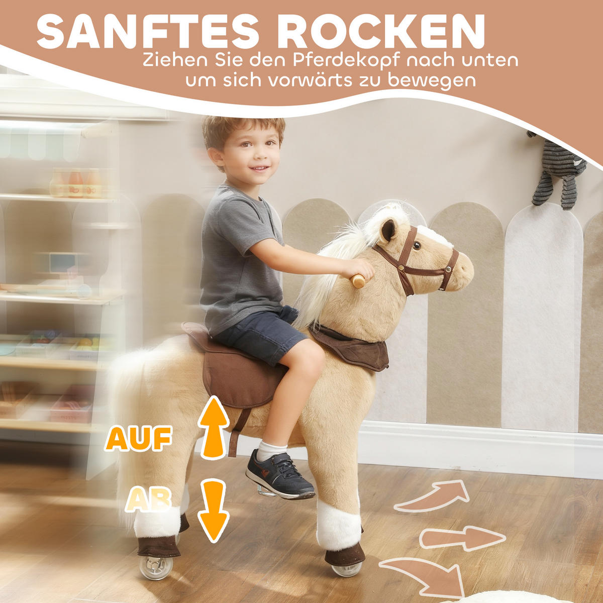 REITPFERD Spielpferd zum Reiten mit Sattel Rollen 80 cm Stehpferd Braun - Braun, Textil (32/80/72cm) - AIYAPLAY