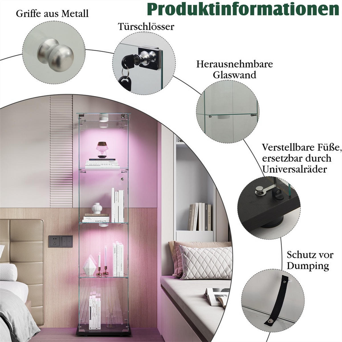 VITRINE - Glasvitrine mit 1 Tür und 4 Ebenen - integrierte LED-Spot-Beleuchtung - Schwarz - Schwarz, Glas (39.8/163/35cm) - DELFA