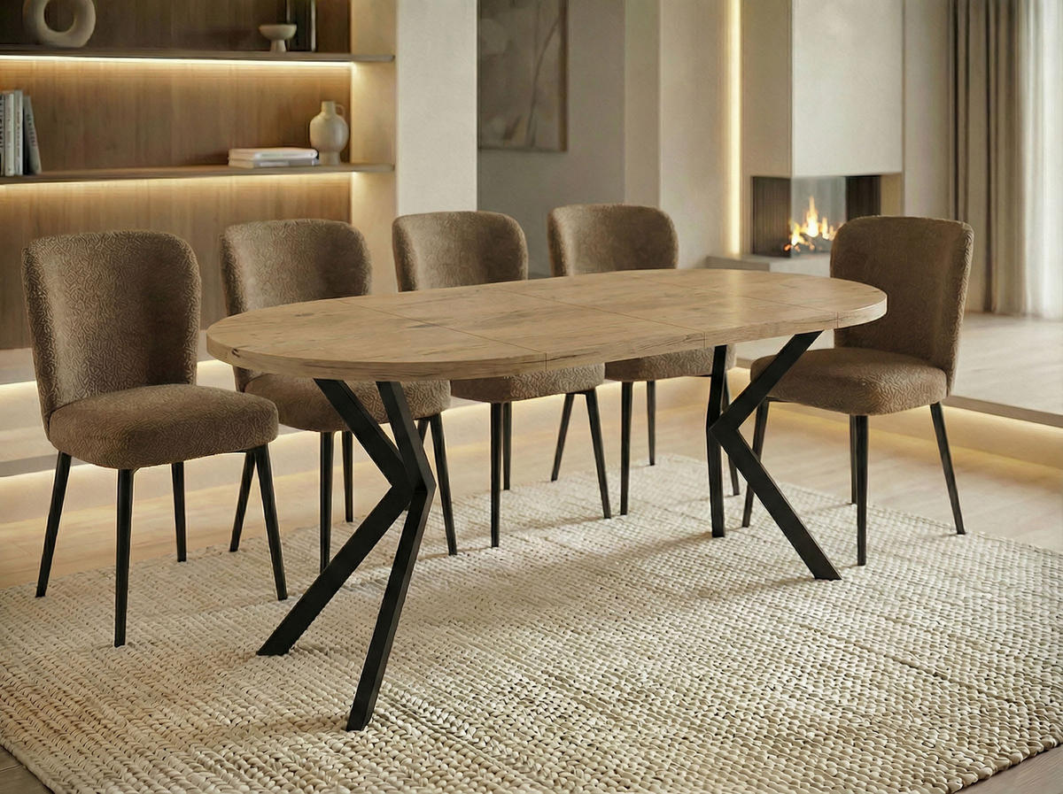 ESSTISCH Valeo runder ausziehbarer, Lancelot Eiche 100-180/100/76 cm - Eichefarben/Schwarz, Holzwerkstoff/Metall (100/100/76cm) - WFL GROUP