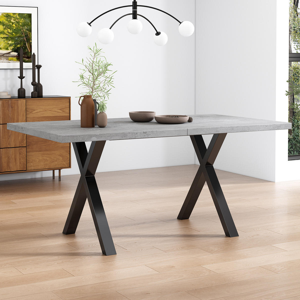 JEDÁLENSKÝ stôl, 140/80/76 cm, MDF v betónovom dekore a čierny kov - sivá, kompozitné drevo (140/80/76cm) - BEAOK