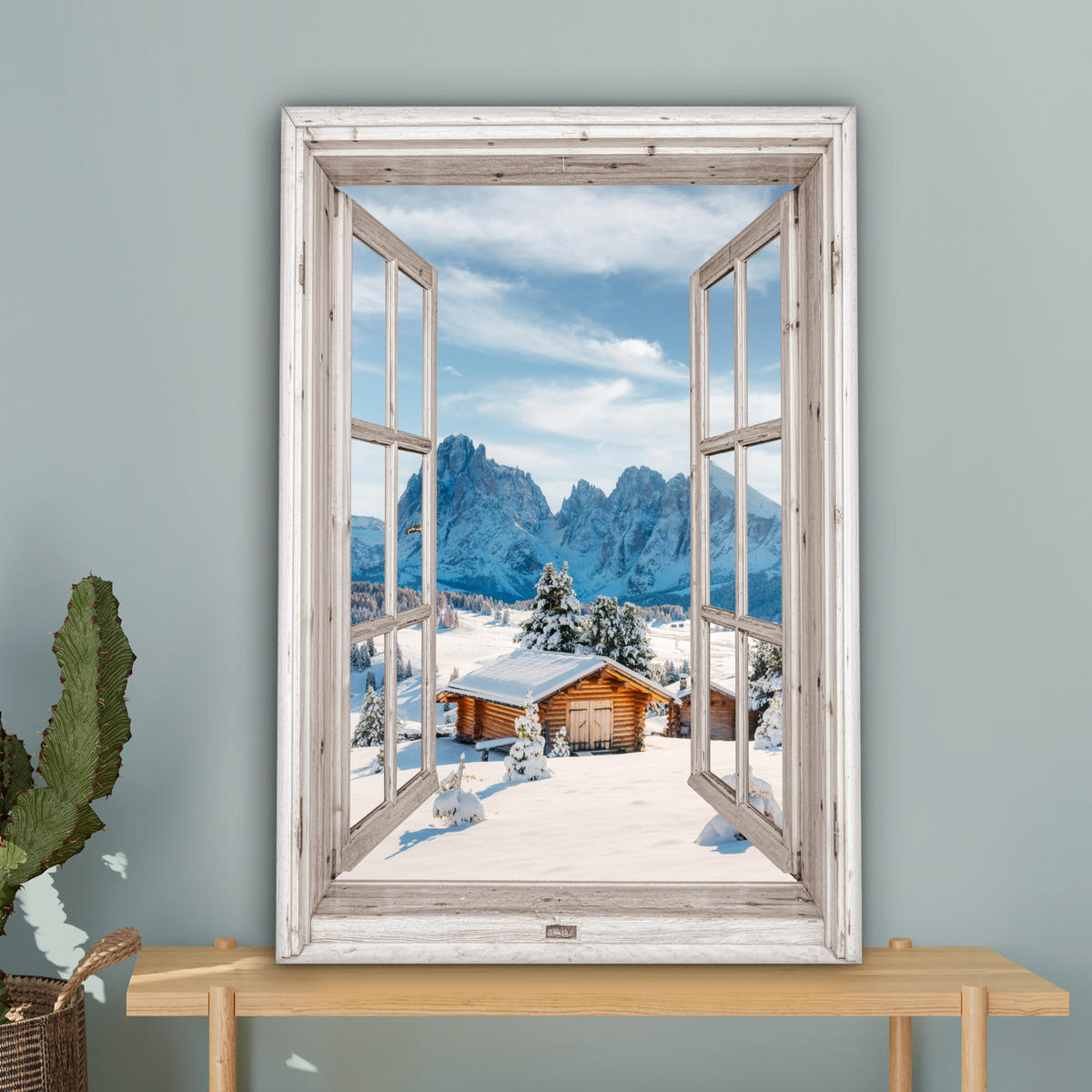 LEINWANDBILD Winterlandschaft - Hütte - Berge - Ausblicke - Aussicht - Natur Wanddeko 40x60 cm - Weiß Hochglanz, Textil (40/60cm) - MuchoWow