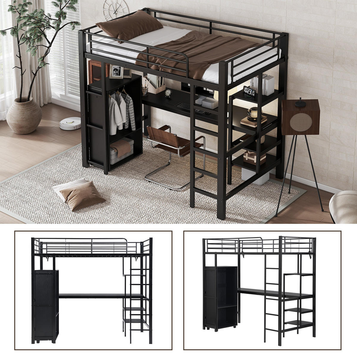 HOCHBETT 90x200 cm Tisch Schrank schwarz - Schwarz, Metall (90/200cm) - LEBENLANG