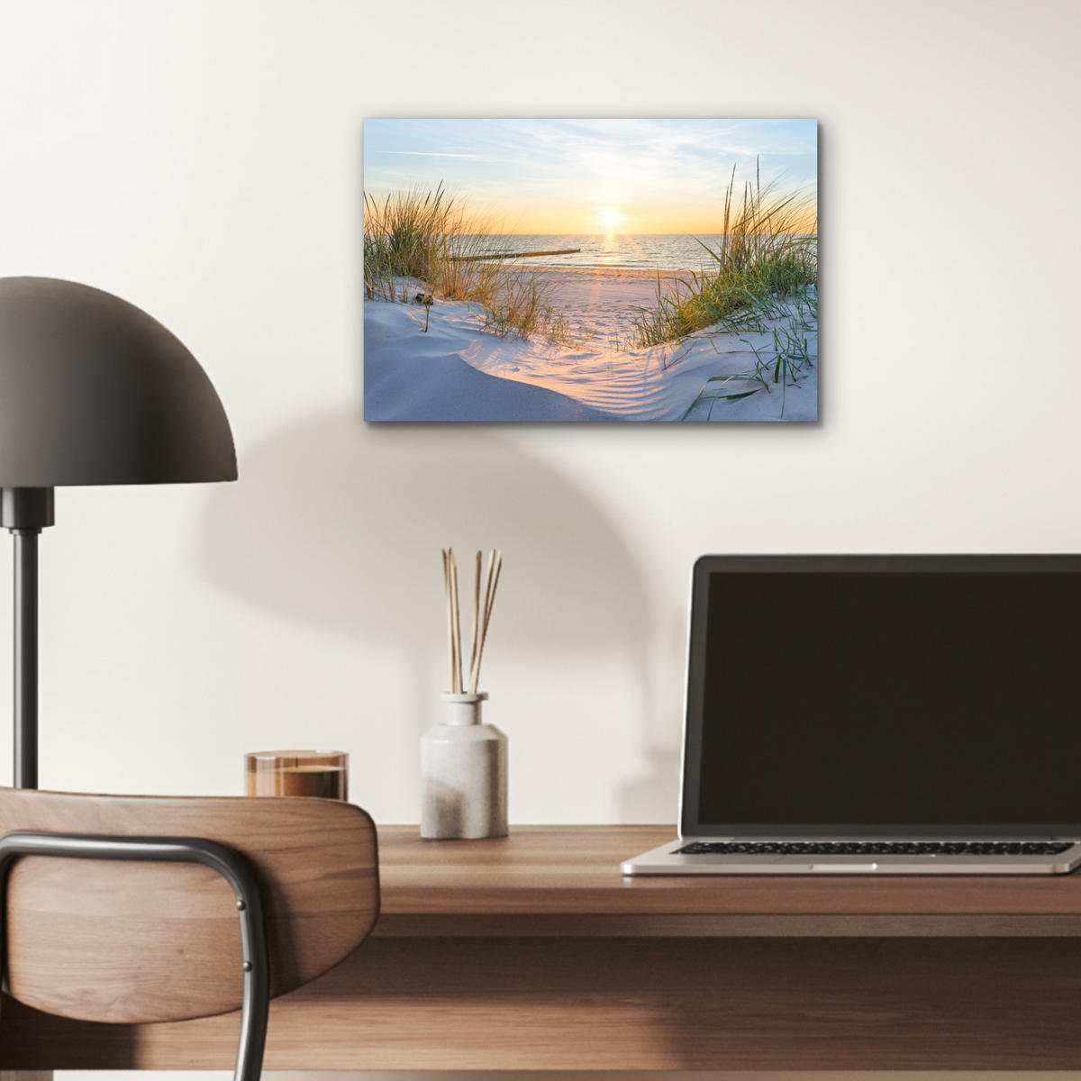 KOVOVÝ OBRAZ Pláž - Slnko - Duny - Tráva - Piesok - Horizont 30x20 cm - svetlomodrá, kov (30/20cm) - MuchoWow