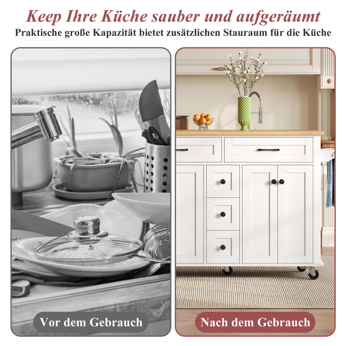 KÜCHENINSELWAGEN 140x65x89cm Weiß mit ausklappbarer Platte, Schubladen & 5 Rollen - Weiß, Holzwerkstoff (140/89/65cm) - Modfu