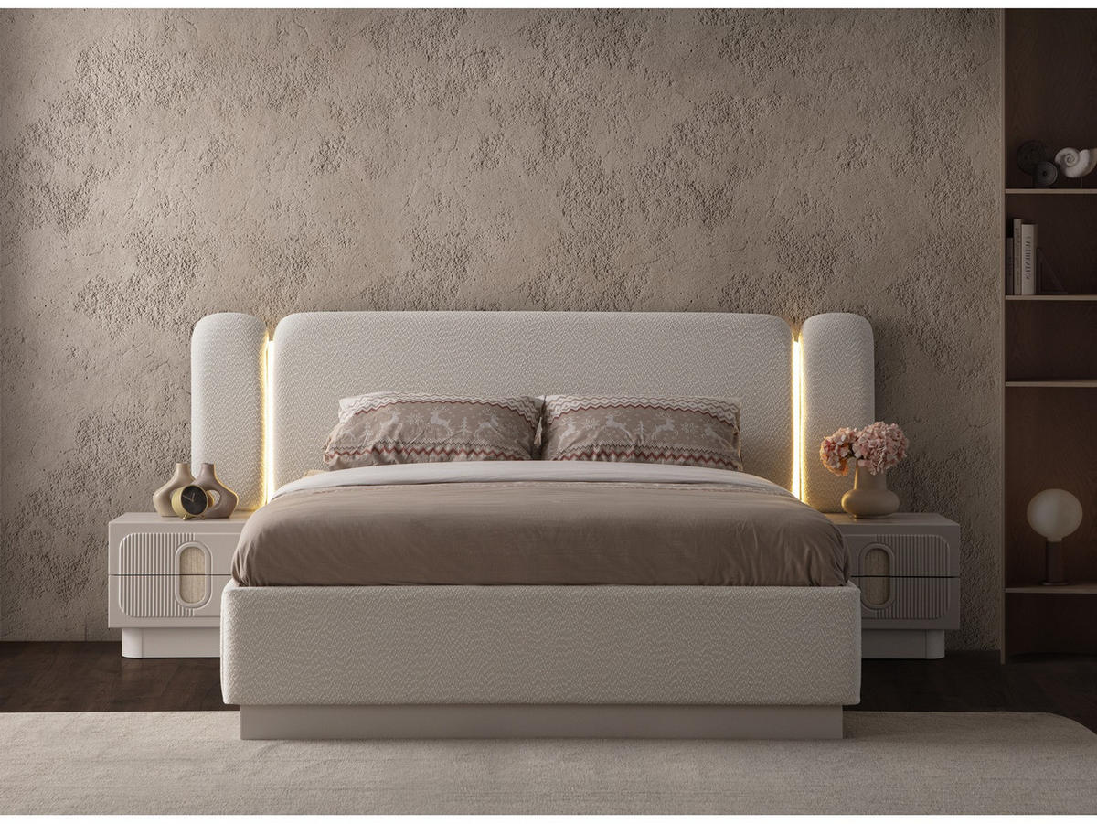 BETTANLAGE VALORIA Schlafzimmer-Set, 5-teilig, Creme, Bett mit Kopfteil 2 Nachttischen Kommode und Kleiderschrank - Creme, Leder/Holzwerkstoff (160/200cm) - Villa Möbel