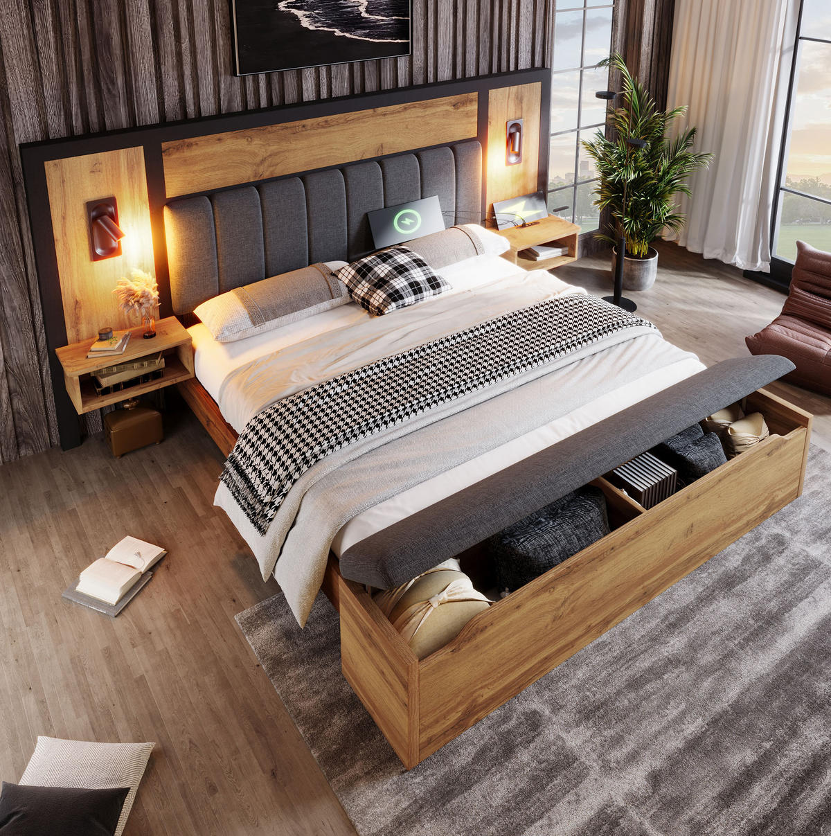 POLSTERBETT 160/200 cm aus Metall, MDF und Leinen mit Leselampen, USB-C und Stauraum Eiche - Eichefarben, Metall (160/200cm) - Modenvie