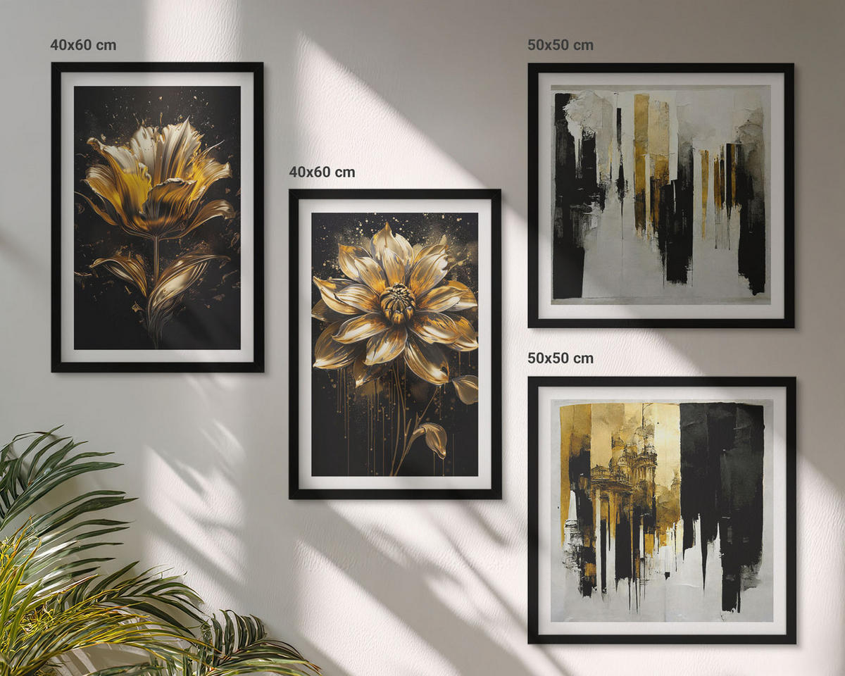 BILDER SET 4er Set - 50x50 cm & 40x60 cm Schwarzer Rahmen - Stilvolle moderne Blumen - Schwarz, Kunststoff (50/50cm) - TULUP