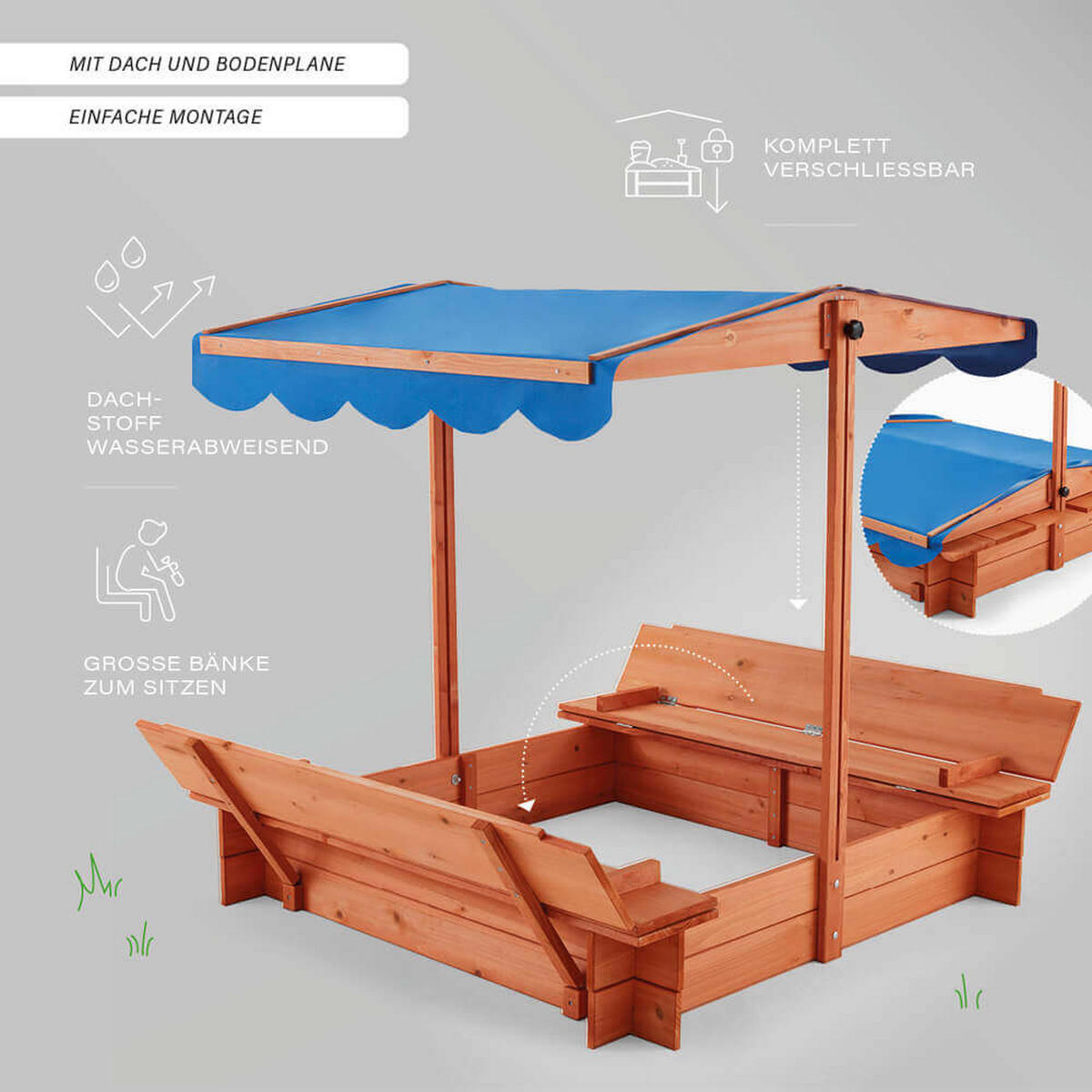 SANDKASTEN mit Sonnensegel BUDDELKISTE - 110 x 110 cm - Blau/Naturfarben, Holz (110/110/110cm) - Home Deluxe