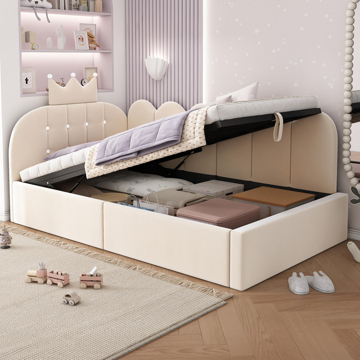 KINDERBETT Polsterbett 90/200 cm aus Samt mit Stauraum und Kronen-Gitter-Design Beige - Beige, Textil (90/200cm) - Modenvie