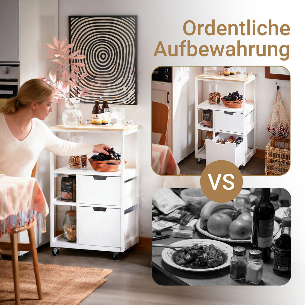 KÜCHENWAGEN mit Bremsrollen und Griffmulde, 89 x 53 x 37 cm, 2 Schubladen, 3 Ablagen, für Küche und Haushalt, Weiß - Weiß, Holz/Holzwerkstoff (53/89/37cm) - SoBuy