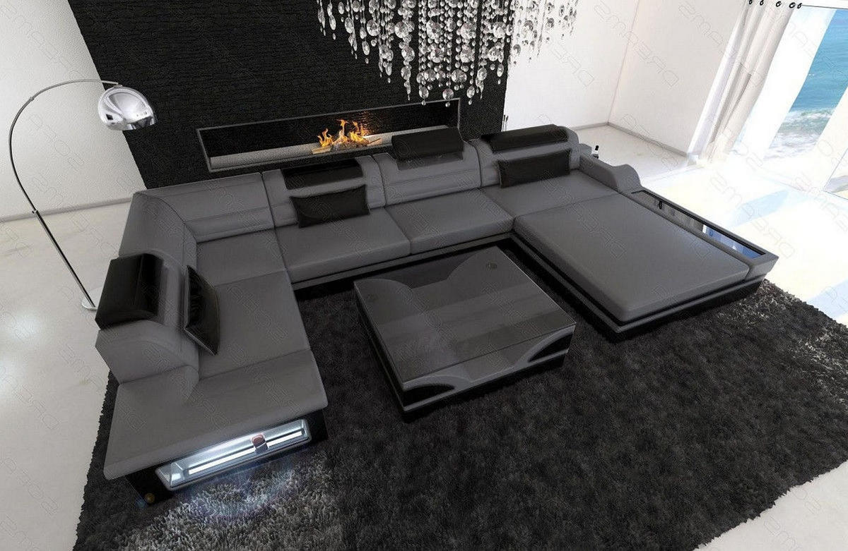 SOFA Mezzo U Grau Schwarz Büffelleder - Grau, Leder (372/78/214cm)