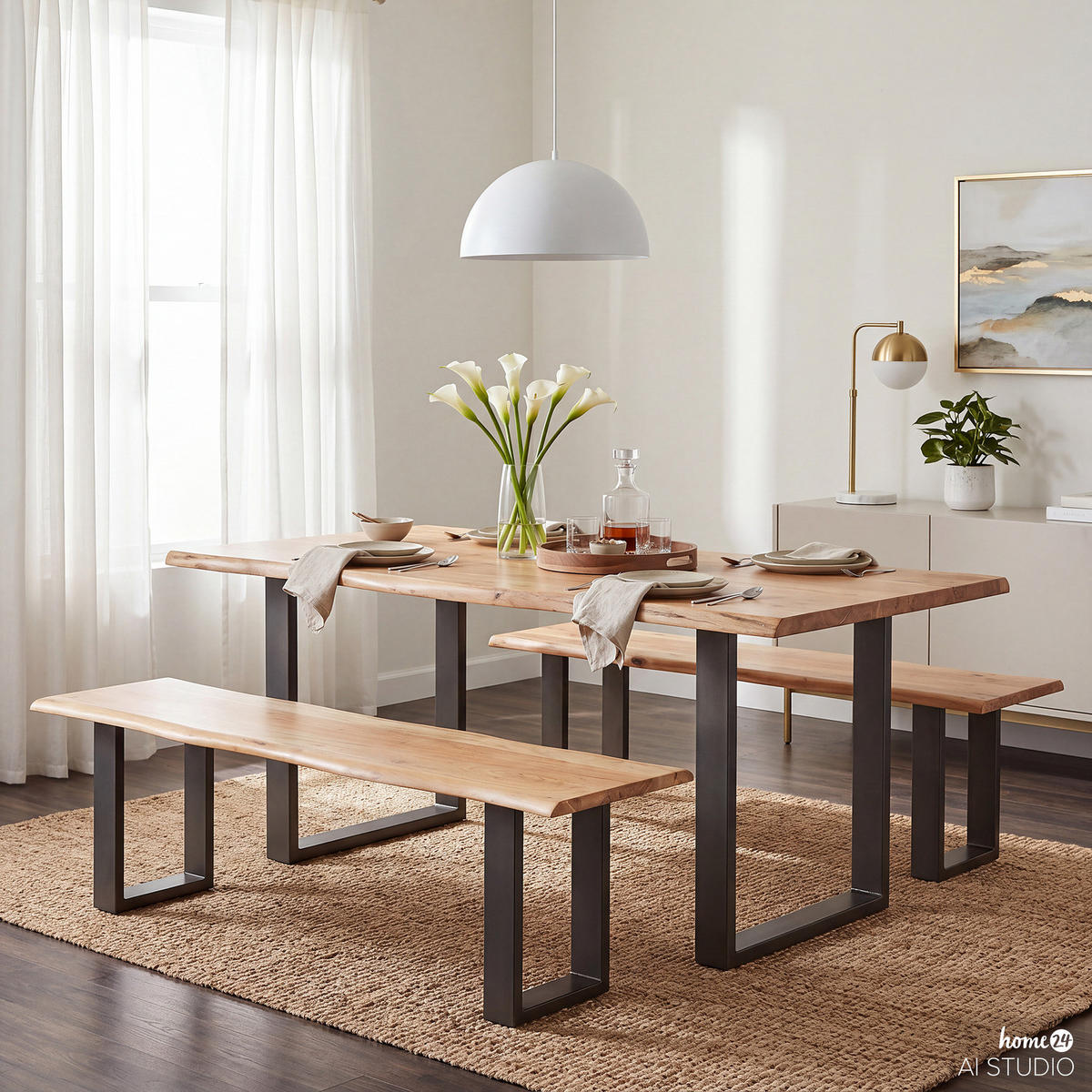 SITZBANK - Metall / Massivholz Akazie - Schwarz/Akaziefarben, Holz/Metall (180/45/45cm) - home24