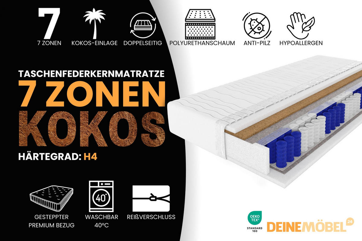 TASCHENFEDERKERNMATRATZE 7 Zonen + KOKOS 200/200 Schwarz H4 - Schwarz, Textil (200/200cm) - Deine Möbel 24