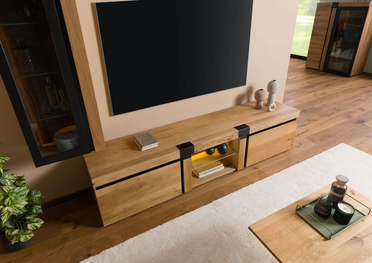 TV-BOARD Wildeiche 220x48x50 natur geölt ROTTERDAM #122 - Naturfarben, Holz (220/50/48cm) - Massivmoebel24