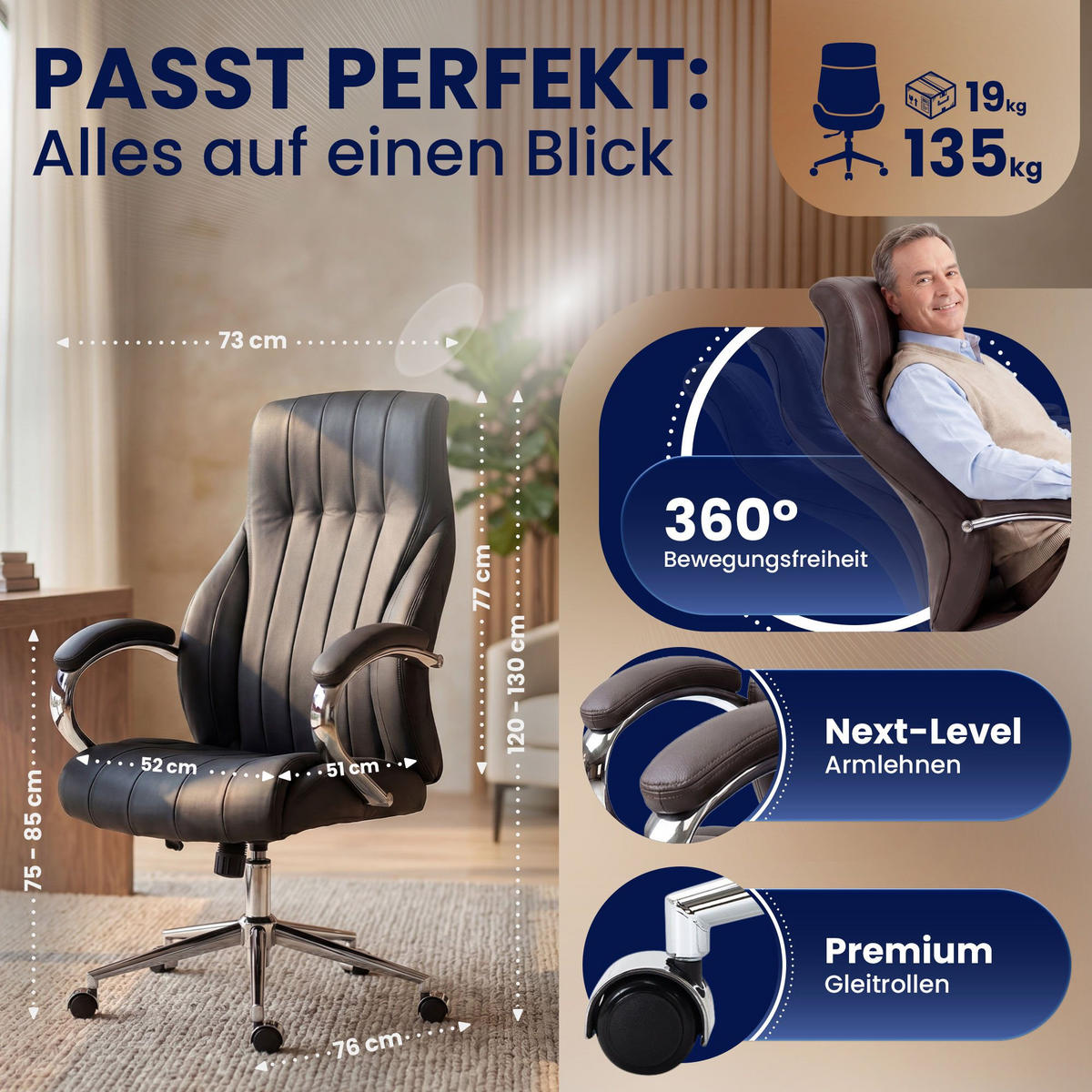 DREHSTUHL Echtleder Schwarz - Chromfarben/Schwarz, Leder/Metall (73/120/76cm) - CLP