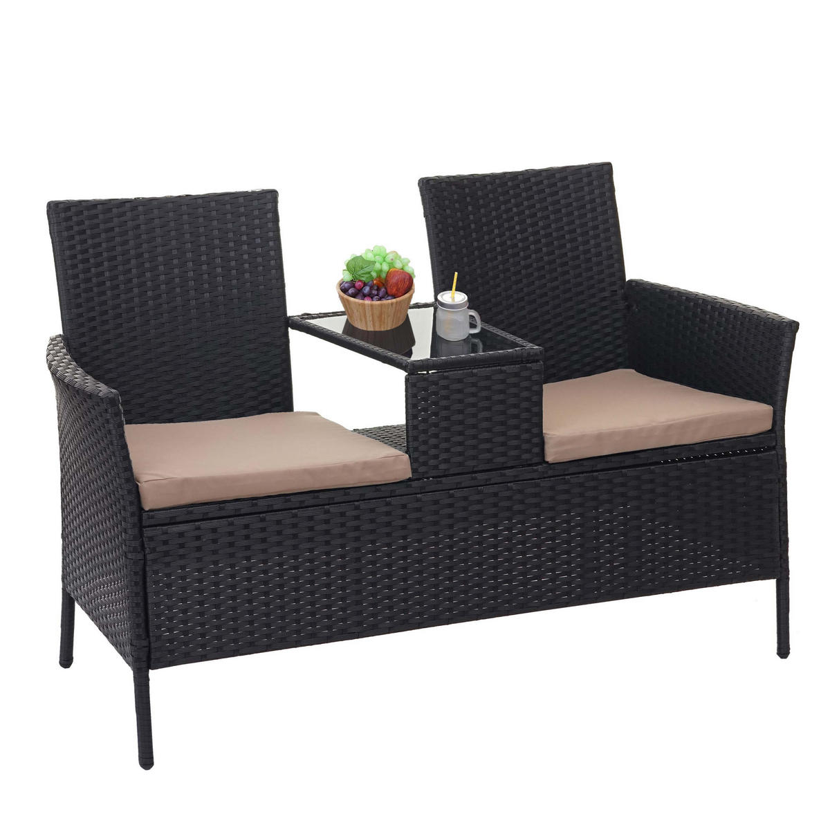 POLY-RATTAN SITZBANK MIT TISCH Schwarz, Beige - Beige/Schwarz, Kunststoff (132/84/55cm) - MCW