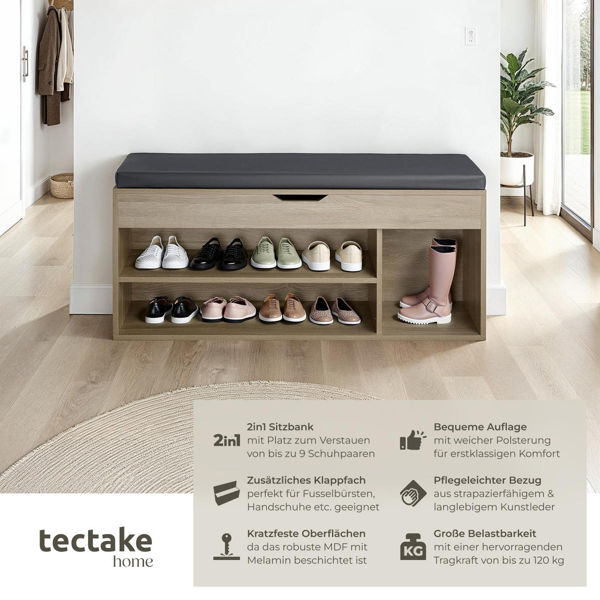 SCHUHBANK Natalya,104 x 30 x 49 cm,Holz hell, Eiche Sonoma - Eiche Artisan, Holz (30/49/104cm) - tectake