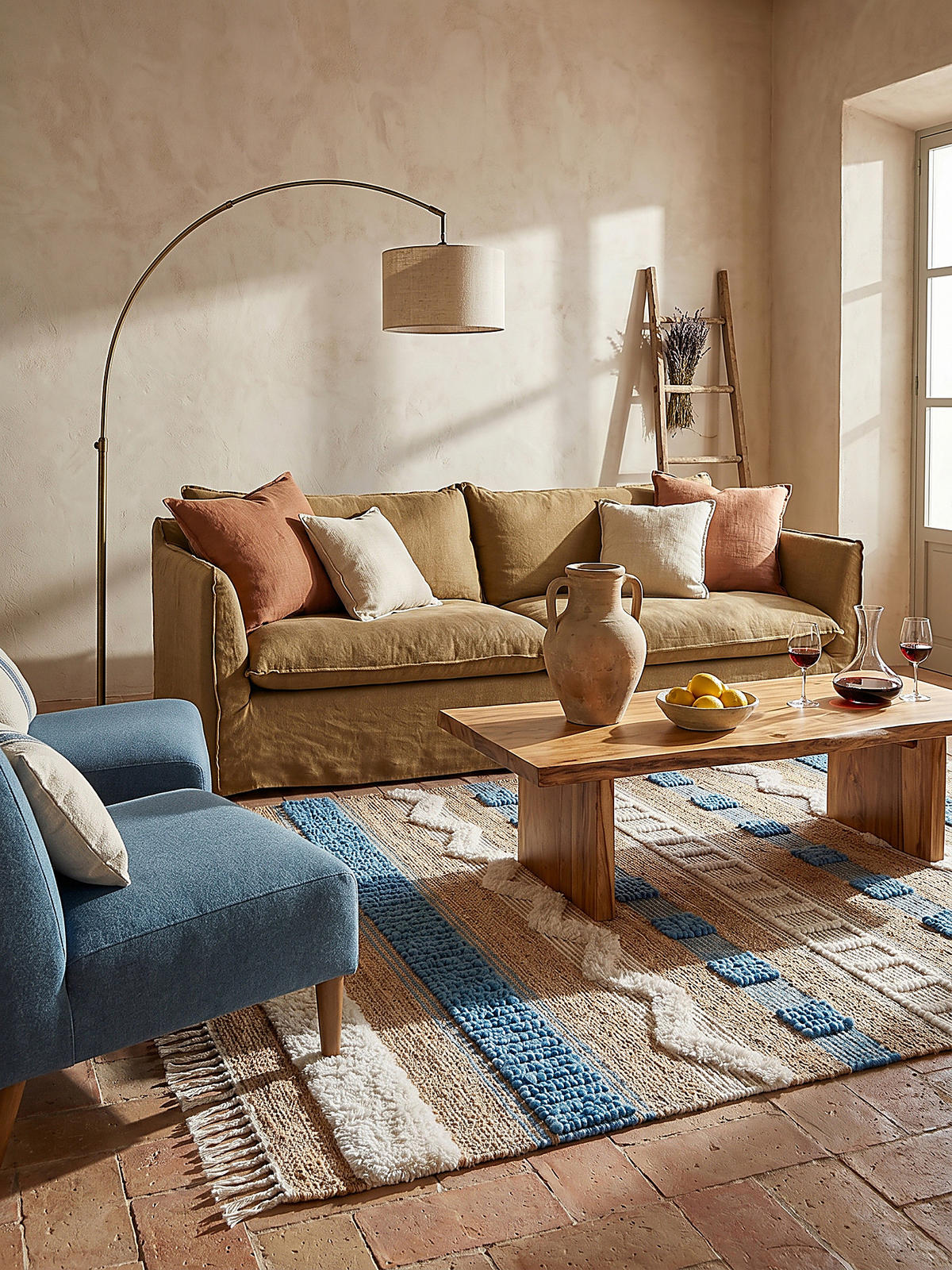 TEPPICH Hoch-Tief Struktur Gestreift, Ethno-Stil, mit Fransen wendbar, Esszimmer Natur-Blau Rechteckig 120x170 - Blau, Textil (170/120cm) - KADIMA DESIGN