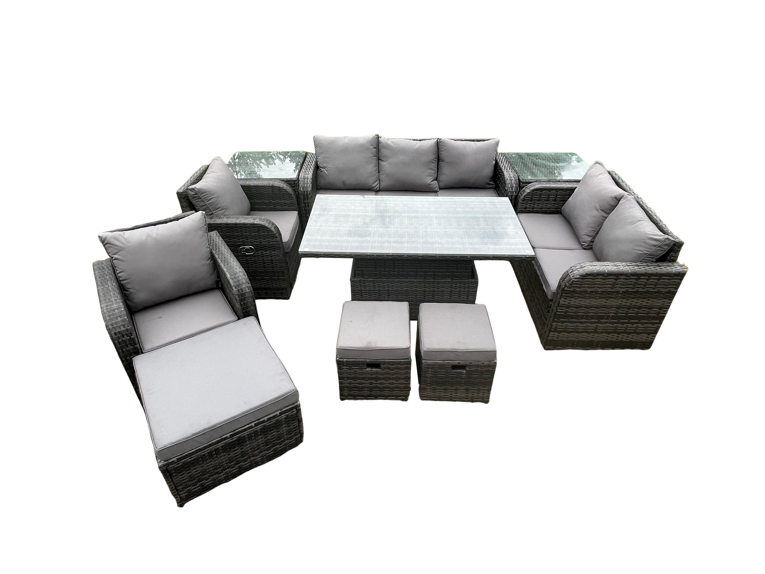 GARTENSET Polyrattan 9-Sitzer - Dunkelgrau/Grau, Glas/Kunststoff - Fimous