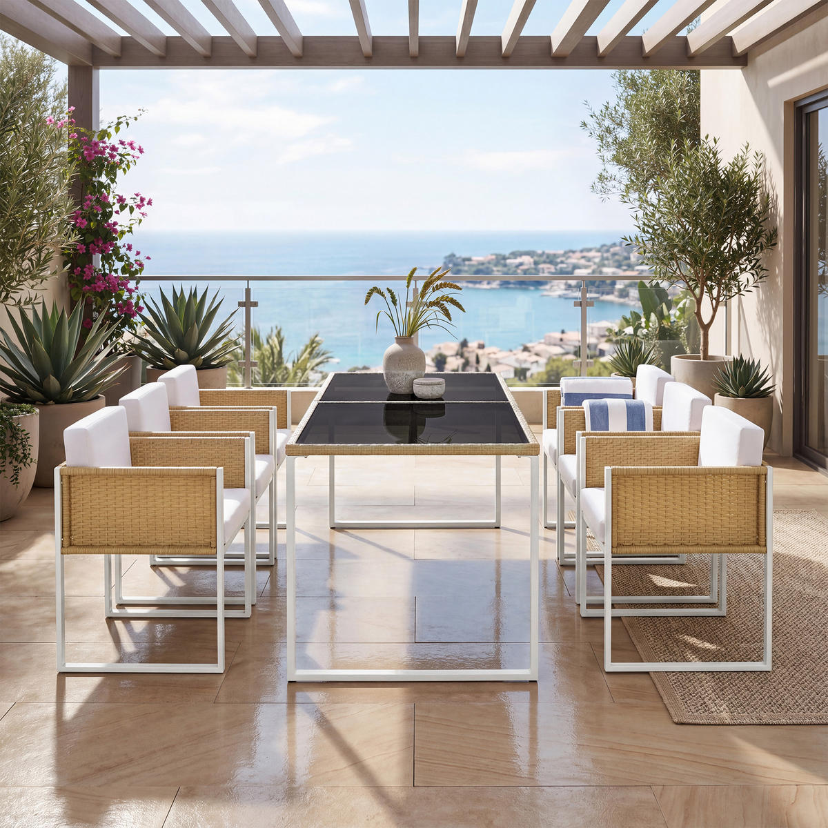 GARTENMÖBELSET Polyrattan 6 Personen Esstisch Stühle waschbar - Multicolor, Textil - FLIEKS