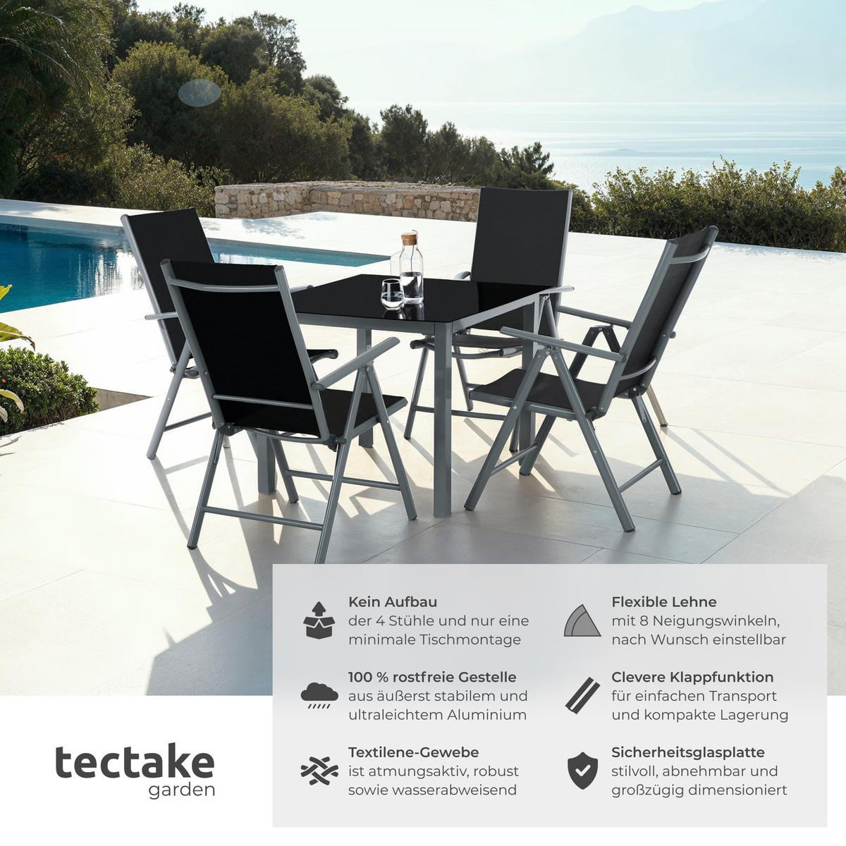 SITZGRUPPE Stabia,Tisch mit Sicherheitsglasplatte und Ausgleichsschrauben,anthrazit - Anthrazit, Naturmaterialien/Kunststoff - tectake