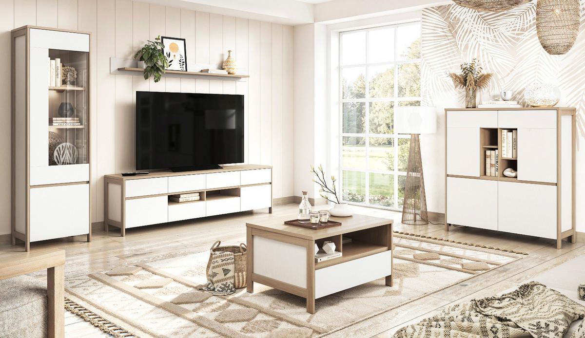 HIGHBOARD weiß, Eiche 111 cm, Kommode skandinavisch mit Soft-Close, Finnes - Eichefarben/Weiß, Holzwerkstoff/Metall (111/125/39cm) - Furn.Design